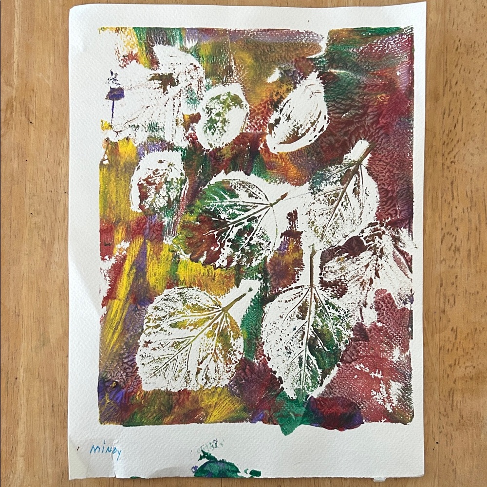 Abstract Leaf Print Art handmade signed “Mindy” 9”x12” ready to frame fall decor
